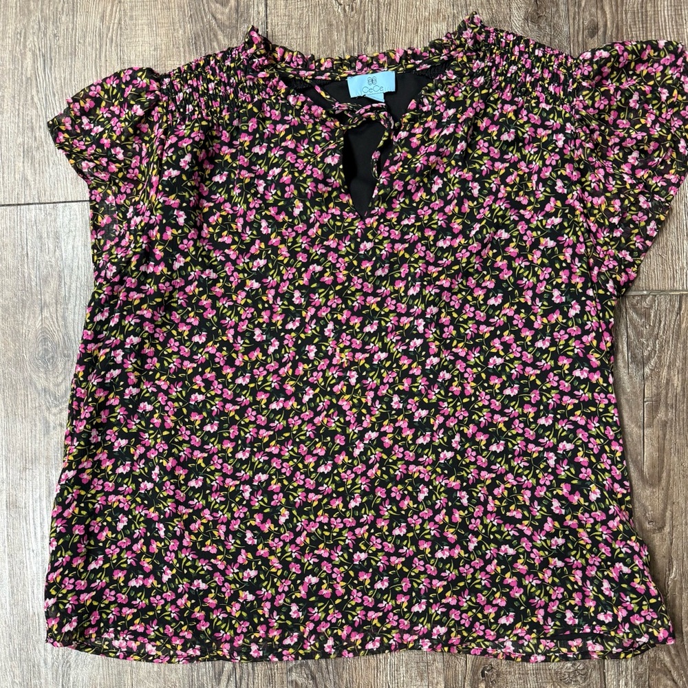 CeCe Black and Pink Floral Blouse